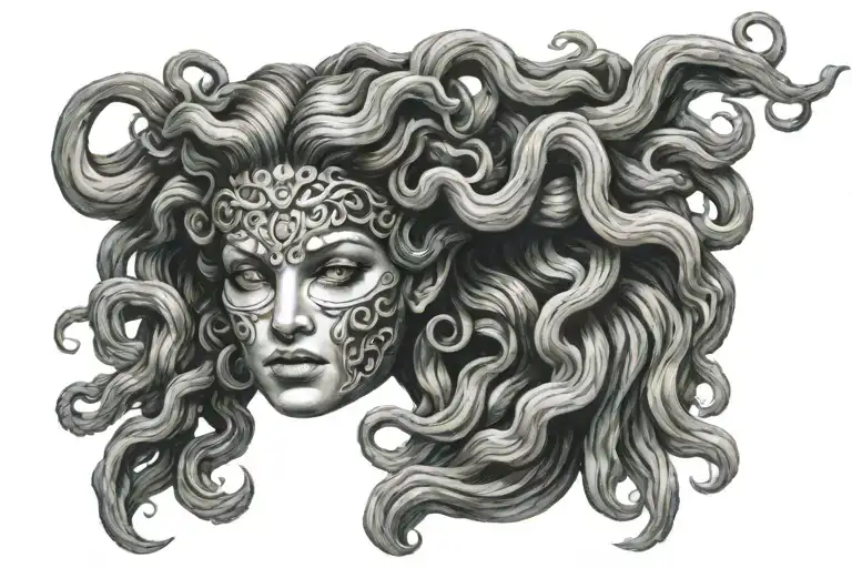 medusa greek mythology holding a female face mask tattoo design idea