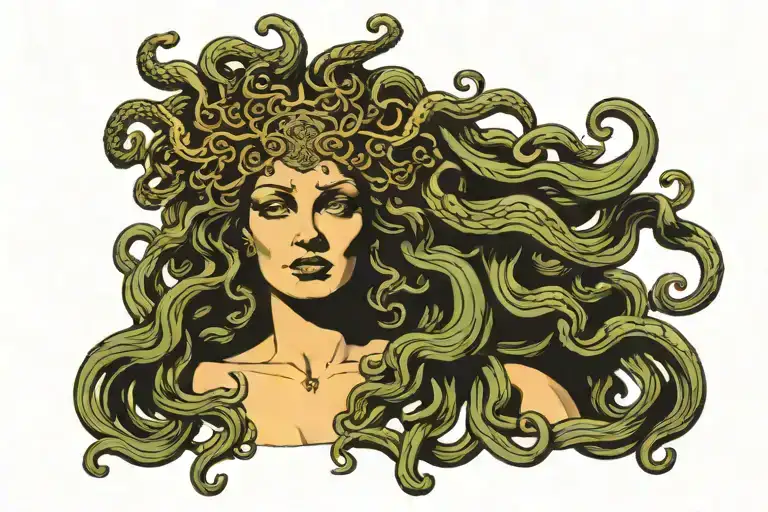 medusa greek mythology holding a female face mask tattoo design idea