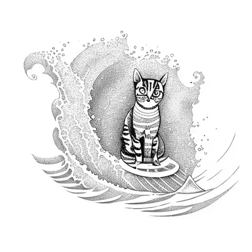 A cat surfing on a wave in the ocean tattoo design idea