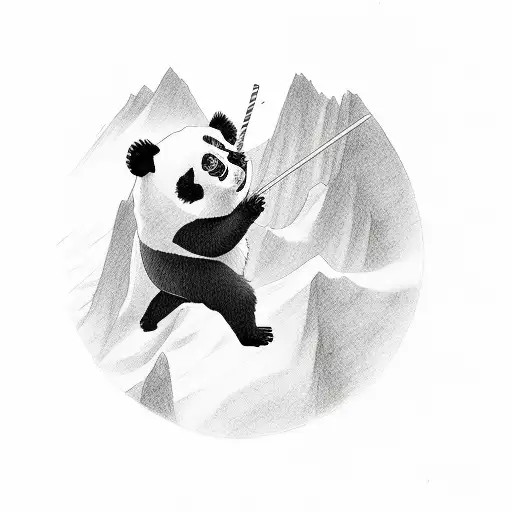 anime panda climbing the cliff with a straw hat, view from side tattoo design idea
