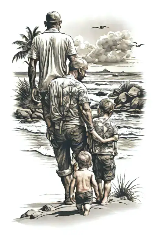 father with twin boys on the beach landscape tattoo design idea