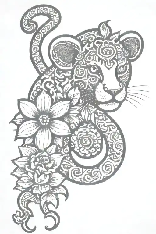 henna style tattoo featuring an alstroemeria flower, a zodiac tiger, a zodiac goat, a zodiac monkey and an ohm symbol.  tattoo design idea