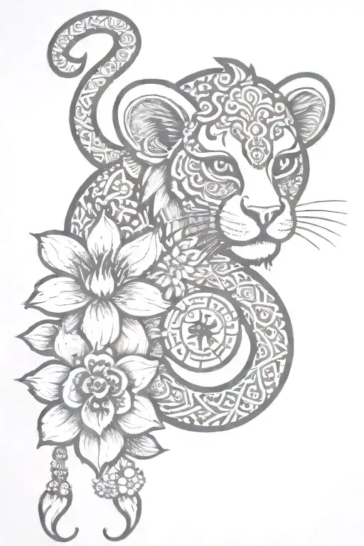 henna style tattoo featuring an alstroemeria flower, a zodiac tiger, zodiac goat and zodiac monkey and an ohm symbol  tattoo design idea