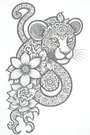 henna style tattoo featuring an alstroemeria flower, a zodiac tiger, a zodiac goat, a zodiac monkey and an ohm symbol.  tattoo design idea
