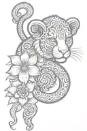 henna style tattoo featuring an alstroemeria flower, a zodiac tiger, a zodiac goat, a zodiac monkey and an ohm symbol.  tattoo design idea
