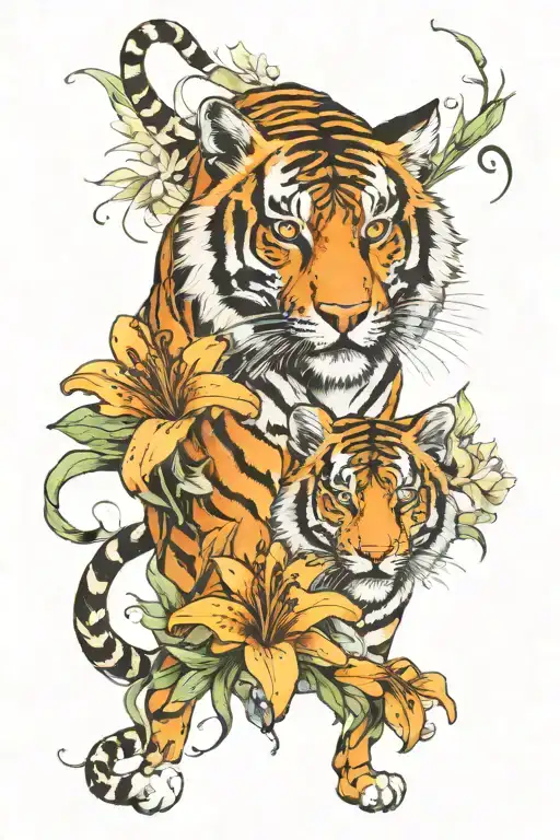 tiger full body and tiger lily flowers tattoo design idea