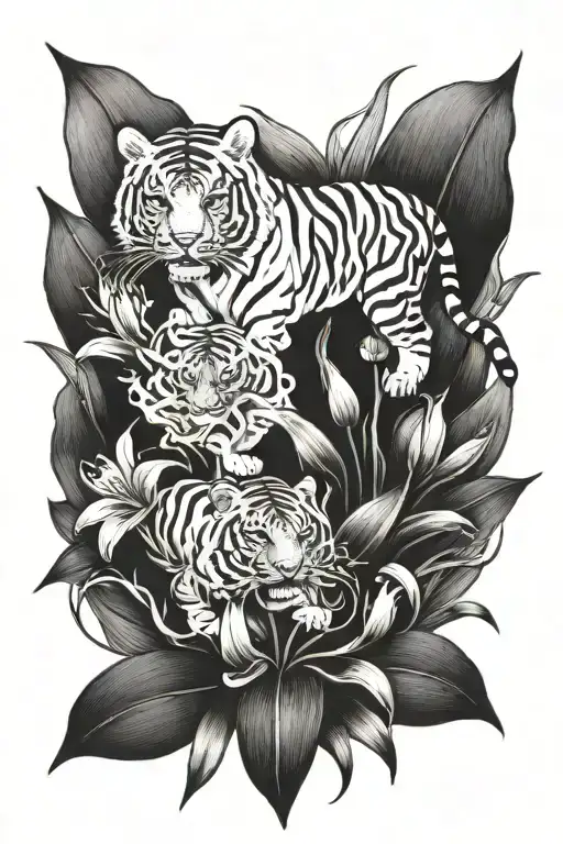 tiger full and tiger lily flowers intertwined within tattoo design idea