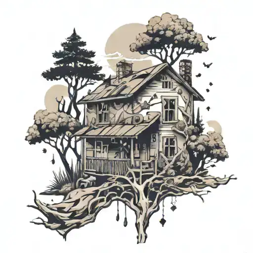 An abstract design of a home with bullet holes, incorporating elements of nature like trees and mountains tattoo design idea