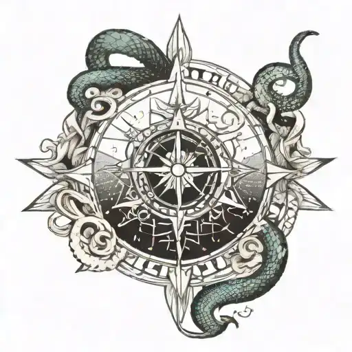 A detailed compass rose with a snake wrapped around it, surrounded by intricate dotwork mountains tattoo design idea