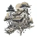 An abstract design of a home with bullet holes, incorporating elements of nature like trees and mountains tattoo design idea