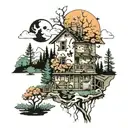 An abstract design of a home with bullet holes, incorporating elements of nature like trees and mountains tattoo design idea