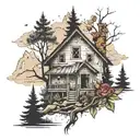 An abstract design of a home with bullet holes, incorporating elements of nature like trees and mountains tattoo design idea