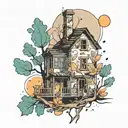 An abstract design of a home with bullet holes, incorporating elements of nature like trees and mountains tattoo design idea