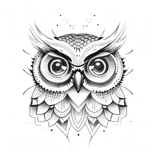 A dotwork tattoo of an owl with a skull flower as its eyes tattoo design idea