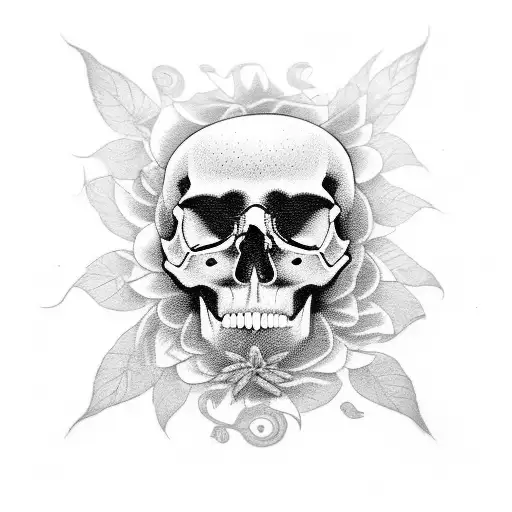 A black-grey tattoo of a skull flower surrounded by flying owls tattoo design idea