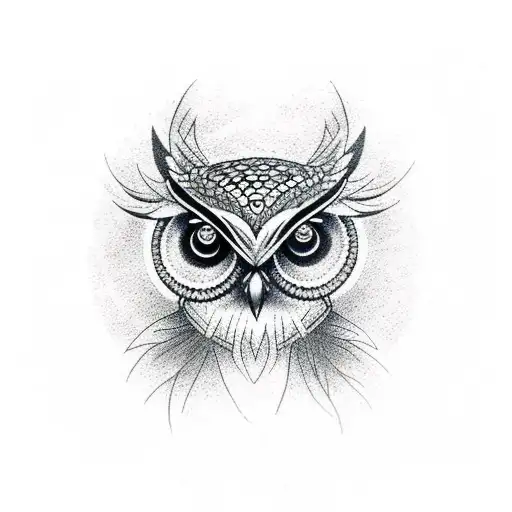 A dotwork tattoo of an owl with a skull flower as its eyes tattoo design idea