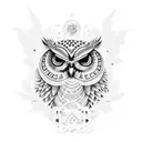 A dotwork tattoo of an owl with a skull flower as its eyes tattoo design idea