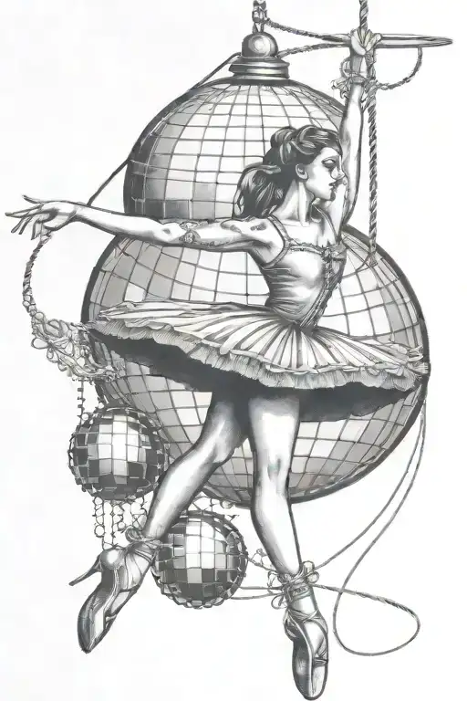 ballerina on a tight rope dangling a disco ball tattoo design idea