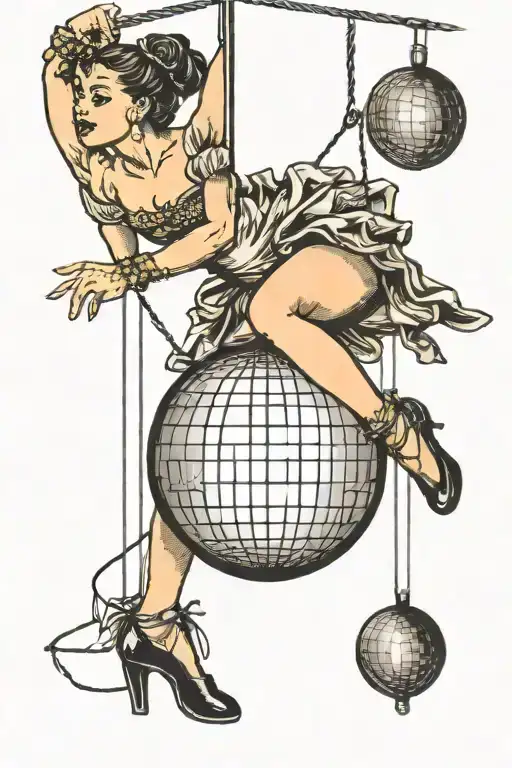ballerina on a tight rope dangling a disco ball tattoo design idea
