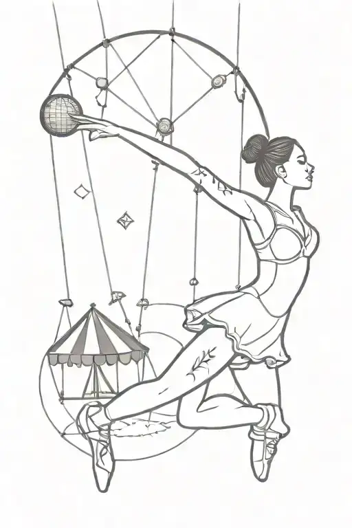 ballerina on a tight rope with a disco ball dangling from her finger and a circus tent behind her tattoo design idea