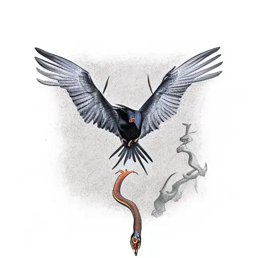 Raven killing and eating snake  tattoo design idea