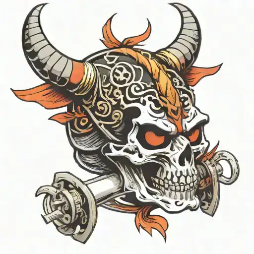 skull and samurai oni demon mask tattoo design idea