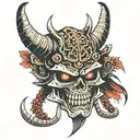 skull and samurai oni demon mask tattoo design idea