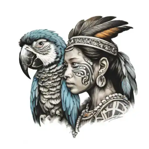 mayan girl with a macaw tattoo design idea