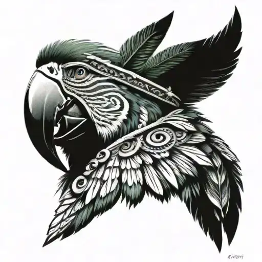 mayan indian using a  macaw head as a hat tattoo design idea