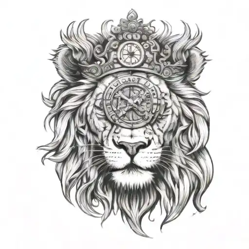 a male lions head with a Roman numeral clock merged into the botttem of the lions head with a scard cross in its eye tattoo design idea