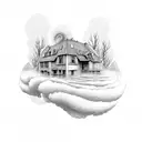 House surrounded by storm clouds tattoo design idea