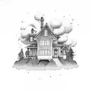House surrounded by storm clouds tattoo design idea