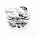 House surrounded by storm clouds tattoo design idea