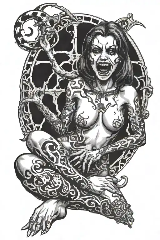 a sexy nude vampire girl on her knees showing fangs tattoo design idea