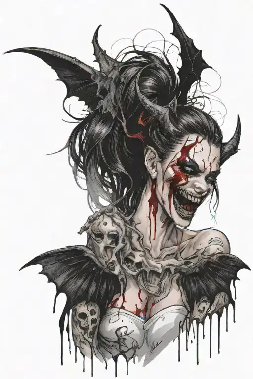 a sexy demonic girl with black wings grinning with blood coming from her mouth tattoo design idea
