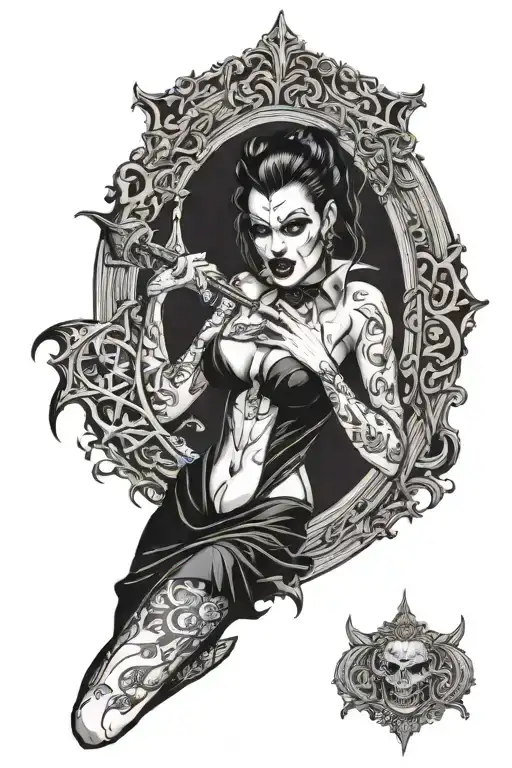 a sexy nude female vampire posing and showing fangs tattoo design idea