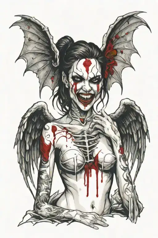 a sexy demonic girl with two wings, grinning with blood streaming from her mouth tattoo design idea