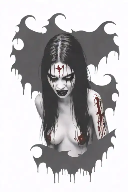 gothic black metal nude female vampire with fangs surrounded by blood splatter tattoo design idea