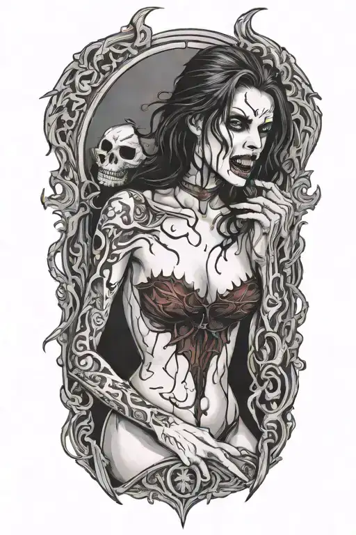 seductive nude female vampire on her knees showing fangs tattoo design idea