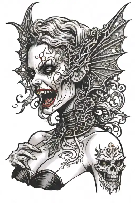 a sexy nude female vampire posing and showing fangs tattoo design idea