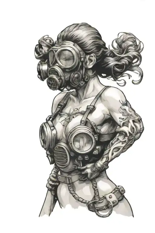 nude female body wearing gas mask tattoo design idea