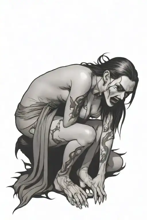 a sexy nude female vampire on her knees showing fangs tattoo design idea