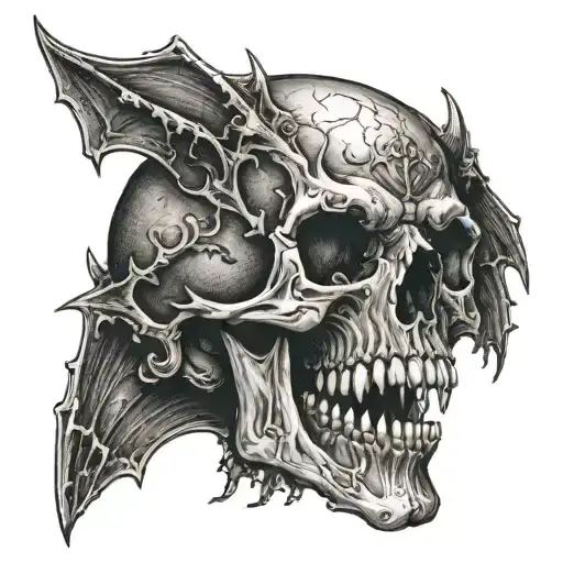 an ancient skull with vampire fangs tattoo design idea