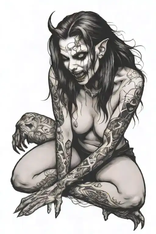 a sexy nude vampire girl on her knees showing fangs tattoo design idea