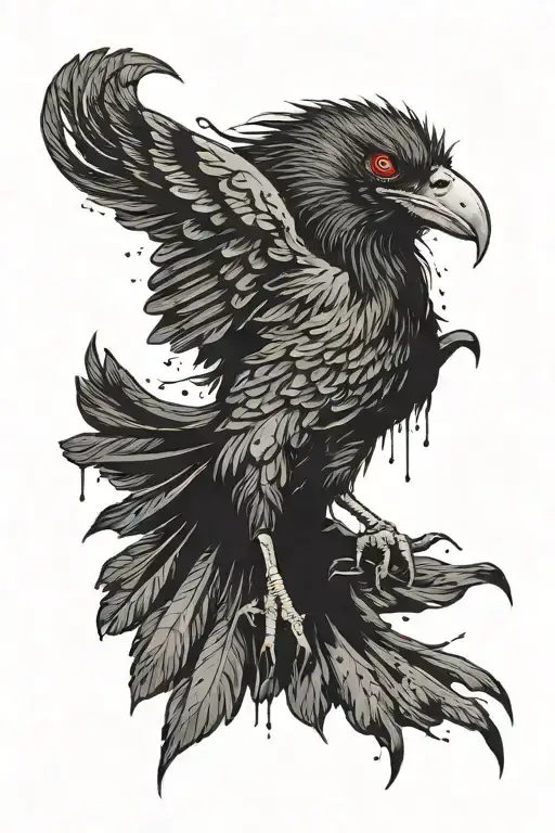 a demonic crow flying and holding a bloody eyeball tattoo design idea