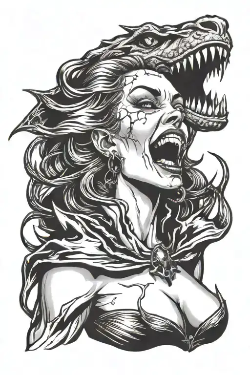 a sexy nude female vampire posing and showing fangs tattoo design idea