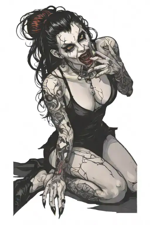 a sexy nude vampire girl on her knees showing fangs tattoo design idea