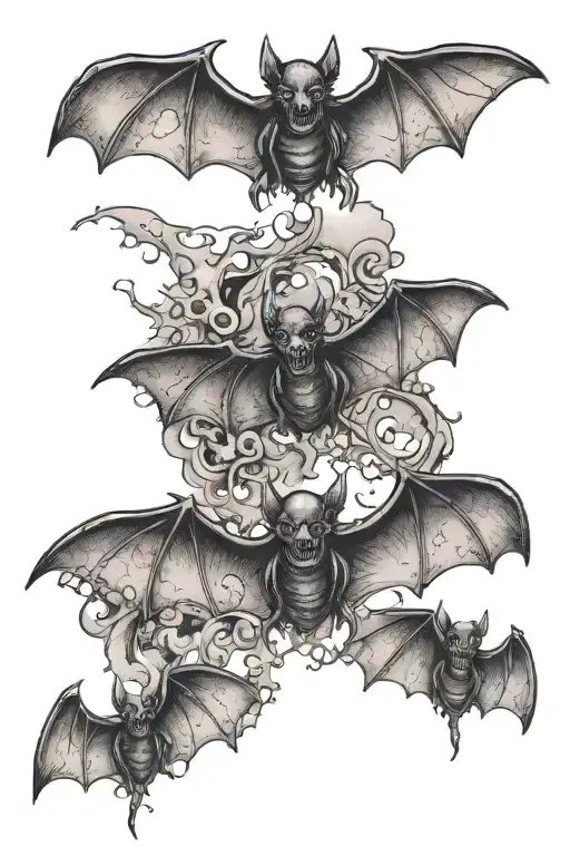 three gothic black metal bats flying around tattoo design idea