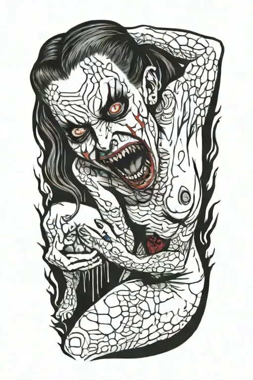 creepy nude female vampire on her knees showing fangs tattoo design idea