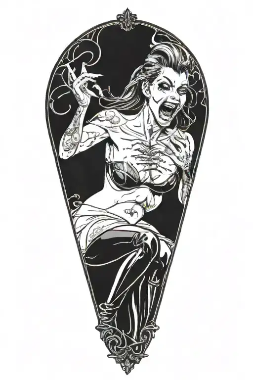 a sexy nude female vampire on her knees showing fangs  tattoo design idea